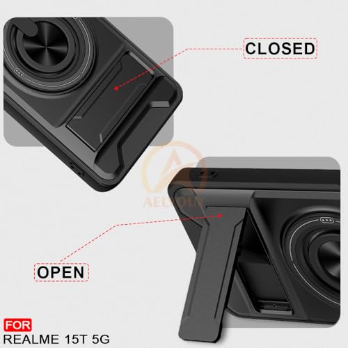 Image of Realme 15T 5G / Realme Narzo 90 5G Back Cover | Armor Camera Slider 360 Degree Rotating Finger Ring Holder Case with Bracket Stand Back Case Cover (Compatible with MagSafe Accessories) (Black)