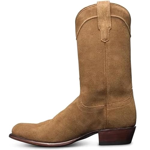 DJFOG Herren-Cowboystiefel, Vintage-Slip-on-Stiefel mit mittlerer Wade, Stickerei, geteiltes Muster, spitzer Zehenbereich, Blockabsatz, rutschfeste Patchwork-Lederstiefel,Khaki,41 EU