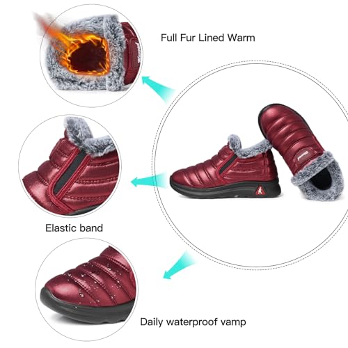 SHIBEVER Winter Snow Boots for Women: Pull-on Winter Booties for Woman Warm Fur Lined Red Comfort Wide Width Short Walking Shoes Size 82