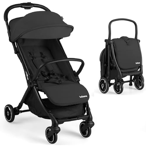 INFANS Lightweight Baby Stroller, Ultra-Compact Fold Airplane Ready Travel Stroller, One-Hand Gravity Fold Near Flat Recline Seat Cup Holder, Foldable Toddler Stroller for Infant 0-36 Month