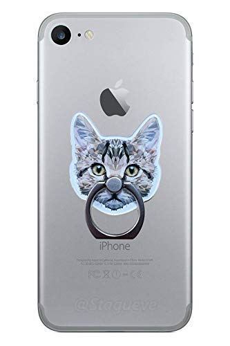 「e.coco」お洒落 幾何学動物柄 トラ オオカミ ライオン ウサギ 猫 ねこ ネコ ヒョウ スマホリング アイリング 携帯リング スタンド機能 バンカーリング 360°回転 落下防止 指輪型 ホールドリング iPhone/Android/ipad各機種対応 (ネコ)