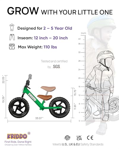 Image of KRIDDO Toddler Balance Bike 2 Year Old, Age 18 Months to 5 Years Old, 12 Inch Push Bicycle with Customize Plate (3 Sets of Stickers Included), Gift Bike for 2-3 Boys Girls, Green