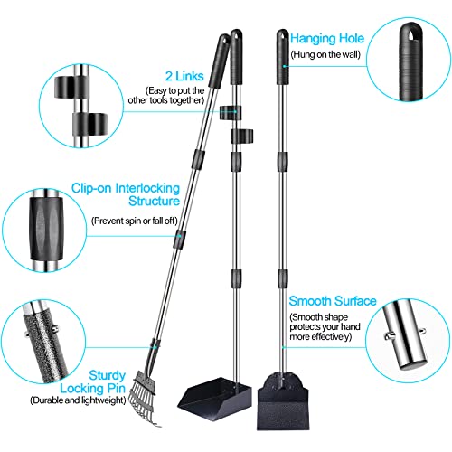 TNELTUEB Dog Pooper Scooper Set, 3 Pack Adjustable 49.1 Inches Long Handle Metal Tray, Rake and Spade Poop Scoop for Waste Removal, No Bending Clean Up for Large and Small Dog
