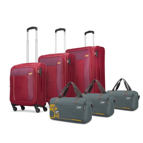 Image of VIP Totonto - S03 Set of 3 (Cabin+Medium+Large) Trolley Bag, Cm | Combination Lock | 2 Wheels | 7 Year International Warranty | Red & Three Grey Duffle Bags