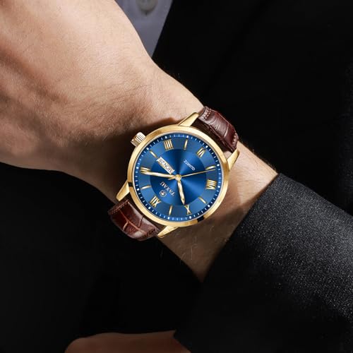 Taxau Watches for Men Brown Leather Watch Blue Face Mens Waterproof Watches Luxury Dress Mens Analog Watch with Day Date Large Number Easy to Read reloj Elegante para Hombre — view 3