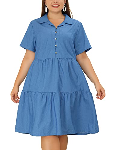 Image of Agnes Orinda Plus Size Chambray Dress for Women Short Sleeve Button Down Flowy Tiered Shirt Dresses