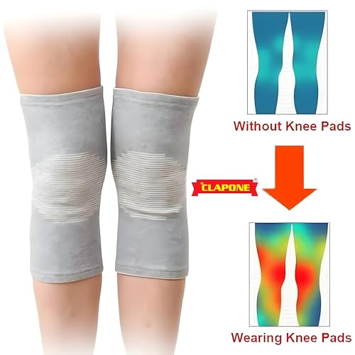 Image of CLAPONE Knee Warmers, Long Cotton Knee Sleeves - For Women, Men, Circulation Improvement and Joint Pain Relief for Arthritis Knees, Knitted Binchotan Yarn, Thick, One Pair (Gray, L)