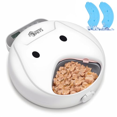 Ownpets Automatic Cat Feeder Wet Food, 4 Bowls Cordless Digital Timer-Controlled Cat Dispenser, Battery Powered Pet Feeder with Two Ice Packs for Wet & Dry Food Refrigerated