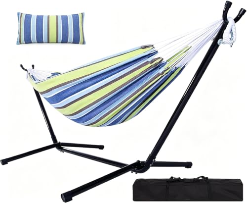 Goutime 9Ft Double Hammock with Detachable Stand,550 Pound Capacity, Includes Pillow and Portable Carrying Bag Perfect for Indoor Outdoor Patio, Deck, Yard,Balcony (Ocean) by GOUTIME - Used condition - CA$101.24