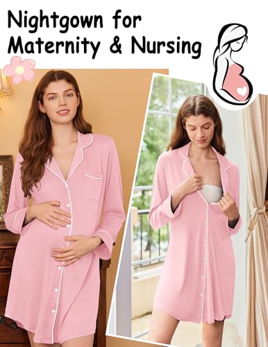 Image of Ekouaer Nightgowns for Women Long Sleeve Night Gown Button Pajama Dress