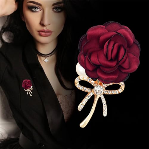 Image of WCRAZYE Elegant Rose Flower Brooch Pin for Women Men Wedding Party Gentleman's Essentials Handmade Crystal Pearl Fabric Flower Lapel Pin Dress Suit Accessories Boutonniere Ideas Gift Valentine's Day