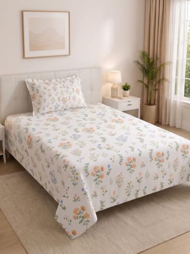 Image of Mafatlal 130 GSM Pearl Luxury Single Bedsheet with 1 Pillow Cover | 60 x 90 Inches | Premium Brushed Microfiber | Soft Feel, Strong Stitching, Easy Maintenance, All Season Bedding | White Floral