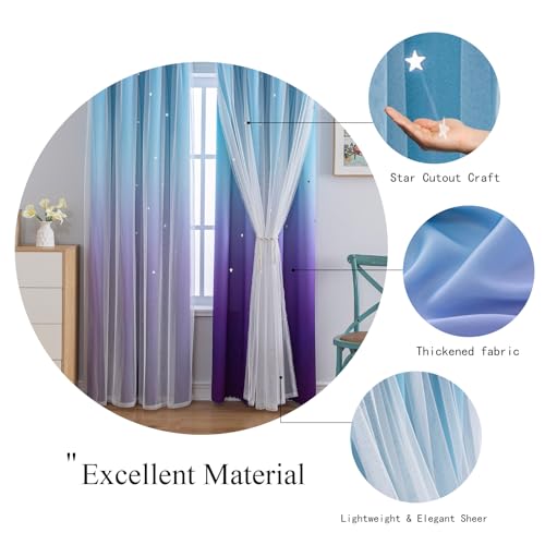 Image of indistar Dreamy Star Cutout Blackout Curtains with White Sheer,Double Layer Curtains for Girls Bedroom, Hollow Out Drapes for Nursery (2 Panel,52Wx84L,Blue Purple)