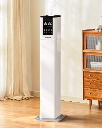 KEECOON 加湿器 大容量 スチーム式 加熱式 ハイブリッド式 2025 超音波式 13L 加湿器 業務用 大型 100℃高温除菌 タワー型 水タンク 上から給水 アロマ 切れタイマー リモコン 三段階噴霧量 連続48時間 静音 省エネ 湿度設定可能 水漏れなし お手入れ簡単 学校 事務所 家庭用 オフェス 寝室 病院 美容院 適用 空焚き防止（ホワイト）の商品画像（Amazon）