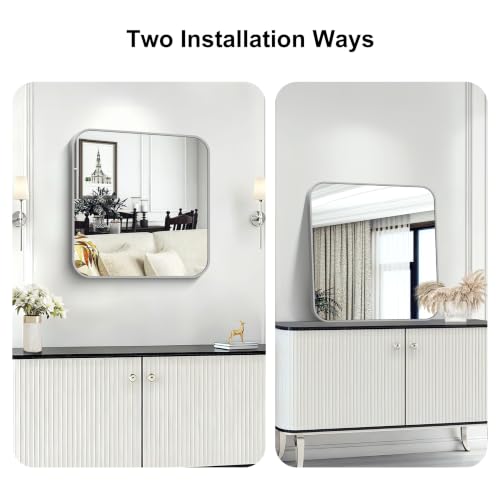 Image of KOCUUY Silver Bathroom Mirror, 24x24 Inch Bathroom Mirror for Over Sink, HD Tempered Glass, Anti-Rust Brushed Silver Frame, Rounded Corner Modern Design for Bathroom, Hang Horizontal /Vertical