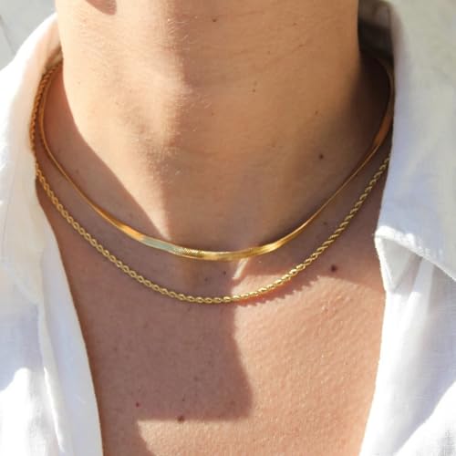 CONRAN KREMIX Waterproof Gold Plated Herringbone Chain Stack Necklaces for Women,Non Tarnish Thin Rope Chain Dainty Stainless Steel Layered Necklace Set for Women Gifts Jewelry3