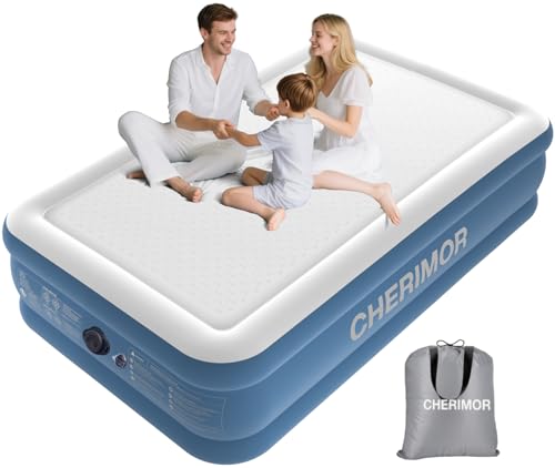 CHERIMOR Twin Air Mattress with Built-in Rechargeable Pump, 1000 lbs Heavy-Duty Support, 16" Raised Upgraded Firmness, Fast 2-Min Inflation, Portable Blow Up Bed for Home, Guests & Camping