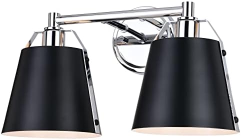 VAXCEL Barrington 2-Light 16 inch Wide Matte Black and Chrome Industrial Bathroom Vanity Lighting Fixture, Metal Shade, Dimmable, LED Compatible, Over The Mirror Mounted Steel Wall Sconce