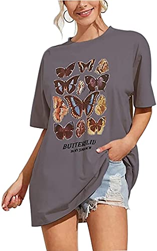 VANGULL Womenâ€™s Butterfly Printed Graphic Loose Tee Short Sleeve Round Neck Loose Tshirt Tops Gray