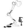 AmeriTop Metal Desk Lamp, Adjustable Goose Neck Swing Arm Table Lamp with Interchangeable Base Or Clamp; Eye-Caring Study Desk Lamps for Bedroom, Study, Office, Table (White)