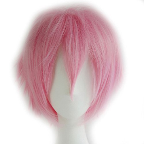 Alacos Women Men Short Fluffy Straight Hair Wigs Anime Cosplay Party Dress Costume Wig Baby Pink Wig+ Free Wig Cap