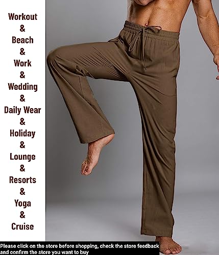 Enjoybuy Men's Linen Drawstring Beach Golf Elastic Waist Spring Long Casual Loose Summer Yoga Cotton Pants, 02-brown, Large3