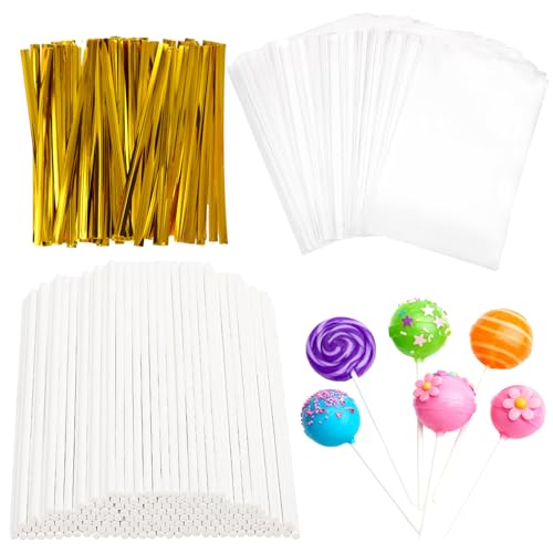 LOYORTY 1500PCS 6 Inch Cake Pop Sticks and Wrappers Kit, Including 500PCS Paper Lollipop Sticks, 500PCS Cake Pop Bags, 500PCS Gold Twist Ties for Lollipop, Hard Candy, Suckers, Chocolate