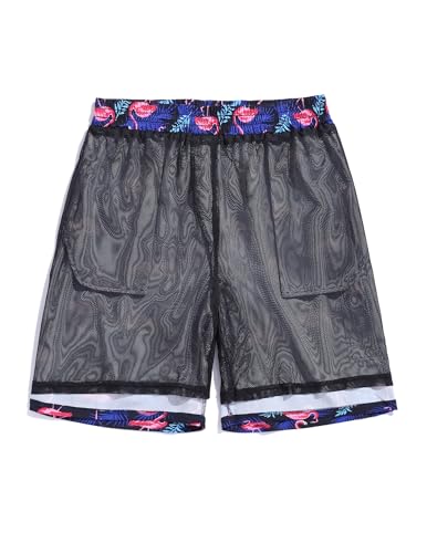 ZAFUL Mens Swim Trunks with Compression Liner Stretch Beach Shorts Quick Dry with Pockets Board Shorts Blue-Pink Flamingo M4