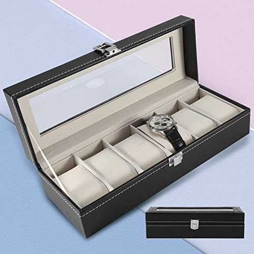 Cajas de almacenamiento de reloj de 6 ranuras, caja organizadora de reloj con cerradura de cuero PU, caja de joyería, gafas de sol, almacenamiento de exhibición para hombres, mujeres, negro Cover