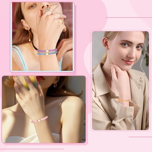 Image of Preppy Bracelets Set Colorful White Gold Smile Heart Star Polymer Beaded Pearl Clay Stackable Charm Y2K Kidcore Aesthetic Summer Beach Bohemian Stretch Layering Bracelets Jewelry for Girls Women Teens
