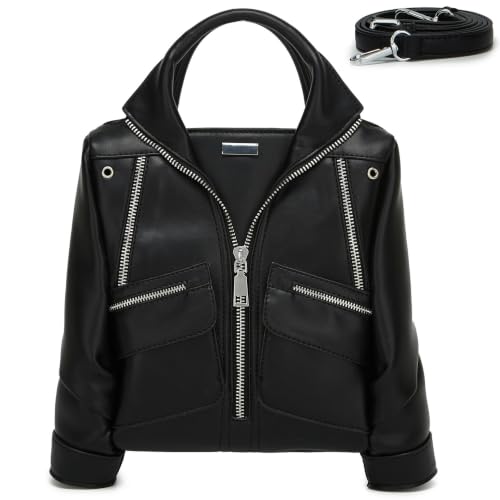 Image of Women Novelty Jacket Shaped Handbag Purse Y2K Punk Crossbody Shoulder Bag | Premium vegan PU leather. Fixed top handle for carrying & adjustable detachable strap for shoulder or crossbody styling.