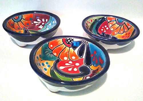 3 Handmade Mexican Talavera Salsa Dishes for Daily Use (Set of 3 for Mild & Hot Salsa & Guacamole)