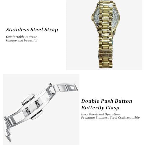 Image of Skeleton Automatic Mechanical Watch Mens Business Luxury Gift Steel Band | Stainless Steel Waterproof Male Golden Wristwatch Luminous Markers & Hands Hardlex Mirror Butterfly Double Button