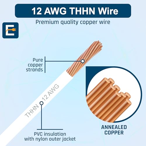 Image of THHN Wire 12 Gauge (12 AWG) 50 FT - Stranded Copper Building Wire for Panel /Control Wiring, Grounding & Lighting Circuits (Residential /Industrial), UL Listed, 600V, THWN-2, PVC /Nylon Jacket, White