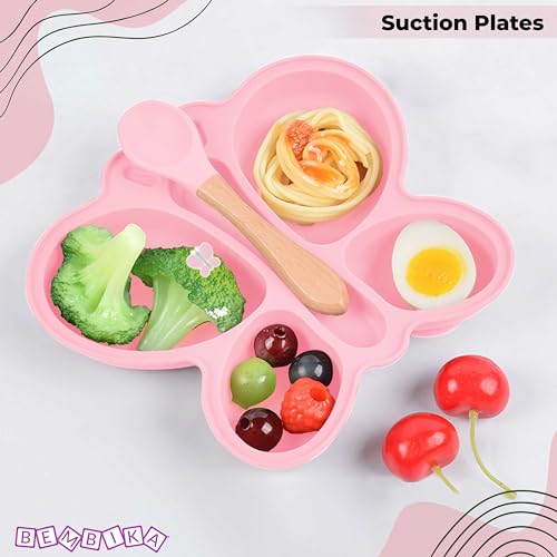 Image of Bembika Baby Feeding Essential Baby Dinner Set Silicone Tableware Set for Baby Infant Training Eating Utensils Butterfly Design - (Pack of 2)(Baby Pink)