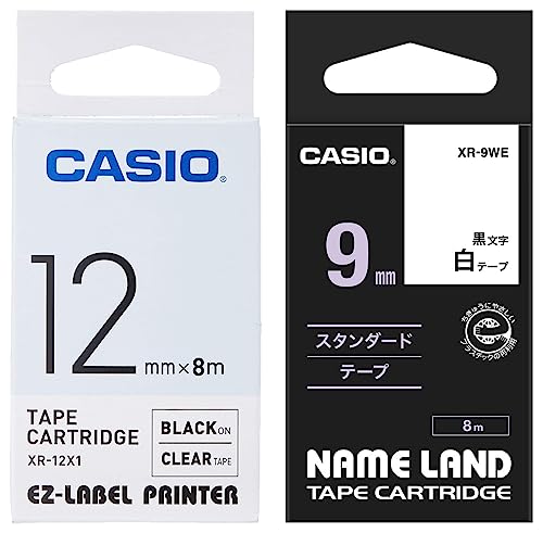 Image of Casio XR-12X Label Printer Tape (Clear) & Casio XR-9WE-S-DJ /XR-9WE1-W-DJ Label Printer Tape (Black and White)
