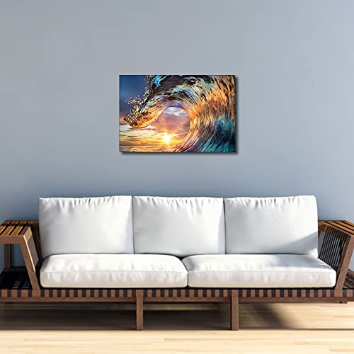 TISHIRON Canvas Wall Art Ocean Waves Painting Sunset Sea Wave Wall Decorations for Living Room Bedroom Bathroom Hang Pictures Modern Wall Office Canvas Art Prints Framed Ready to Hang (24X16in) - Image 4