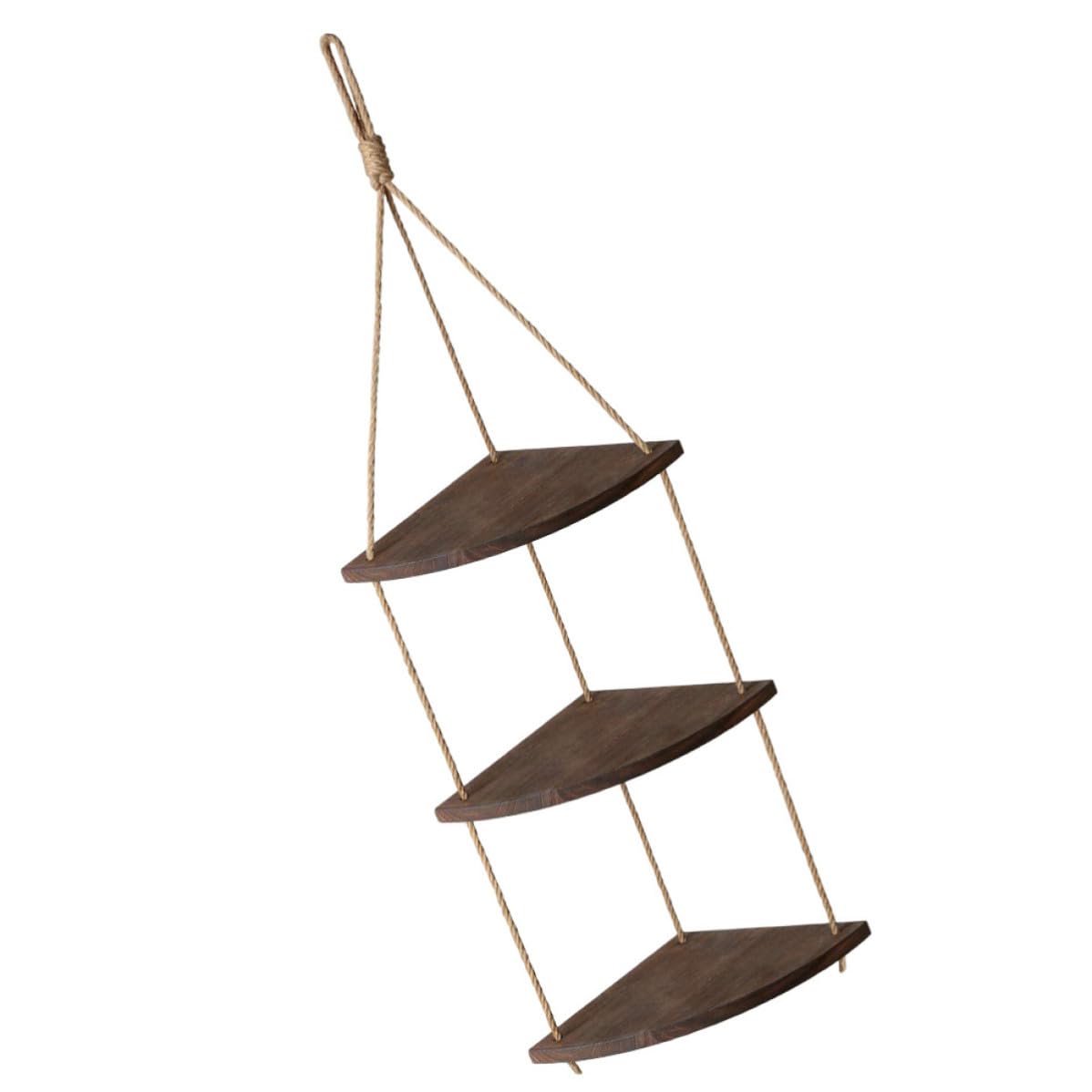 Estante de pared esquinero de madera con cuerda y diseño de abanico para organizar tu hogar
