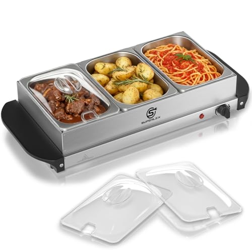 SUPERLEX 2in1 Warmhalteplatte und Buffetwärmer aus Edelstahl 200W mit 3x1 2L Speisebehältern Gleichmäßige Wärme Speisewärmer für Buffets Partys Familienessen Catering Events Kompakt Leicht Reinigung