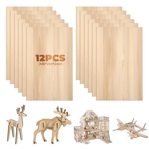 12 Pezzi Compensato 300 x 200 x 2 mm, Pannelli di Legno per Fai Da Te, Pirografia, Modello Casa, Incisione, Tavola Modello in Legno, Tavole per Bricolage e Traforo Laser