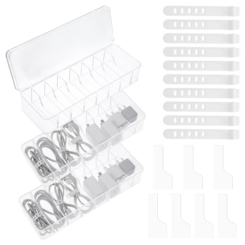 DIVINA VITAE Modern 3 Count Acrylic 8 Compartment Waterproof Cable Organizer Box with Lid, 30 Cable Ties, 26 x 10 x 6cm