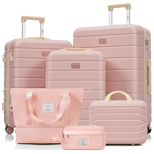 Image of Hardshell Luggage Sets, Lightweight Stripes Suitcases with Spinner Wheels, Pink 6pcs