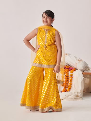 Pspeaches Girl's Cotton Rayon Sharara Set (Sha-Yellowrayonfoil-15-16Y_Yellow