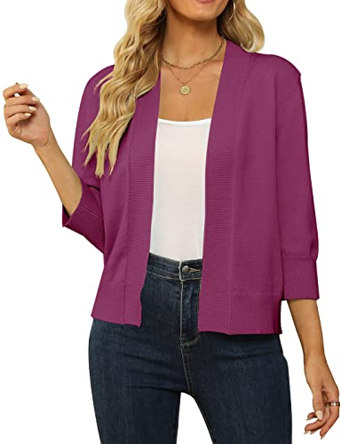 Image of Women's 3 /4 Sleeve Cropped Cardigan Sweater Open Front Short Shrugs Cardigans Lightweight Sweaters