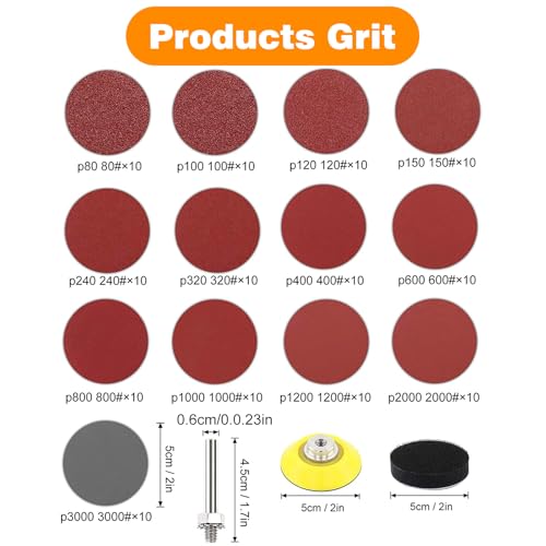 KONGMING 130 Pcs Sanding Disc 50 mm Hook and Loop Grit 80 100 120 150 240 320 400 600 800 1000 1200 2000 3000 Sanding Pad 2 inch Drill Sanding Attachment