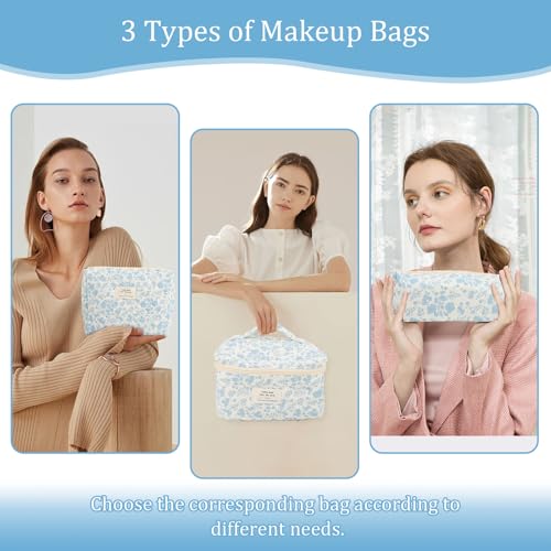 Rosvola Travel Makeup Bag, Cosmetic Bag Set with Handle, Makeup Travel Organizer Portable Cotton Toiletry Bag for Bottles, Brushes, Women Girls3