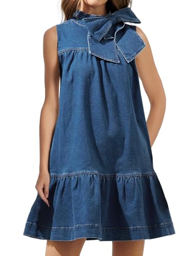 Image of EZAPINE Denim Dress for Women Summer Sleeveless Mock Neck Ruffle Hem Babydoll Jean Dress with Bow