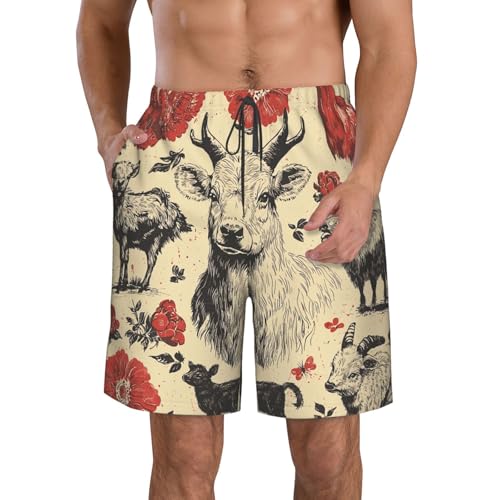 Men Swim Trunks Beach Shorts Swimwear Summer Bathing Suits - Farm House Animals Goat Retro