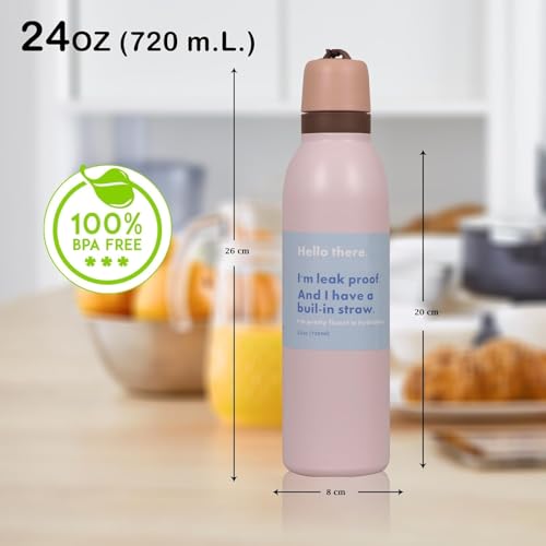 Image of Sports Water Bottle 24oz Leak Proof Stainless Steel Bottle with Built-In Straw Lid, BPA Free Reusable Drinking Bottle with Carry Loop for Gym Workout Travel Office (Baby Pink, 720 ml)