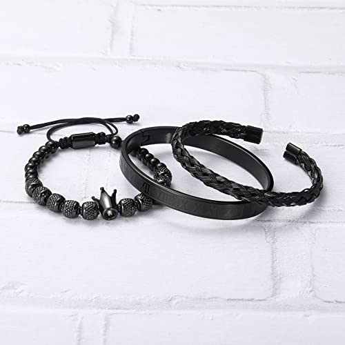 Maocen Men Bracelets Luxury Royal Crown Charm Stainless Steel Roman Numerals Cuff Bangle Jewelry Gold/Silver/Black (Black 1Set-C) #TOP1